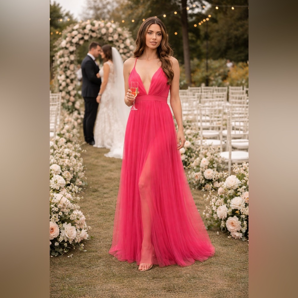Hot Pink Pleated Maxi Dress Plunge Neck Tulle Gown Prom Wedding Guest Barbiecore